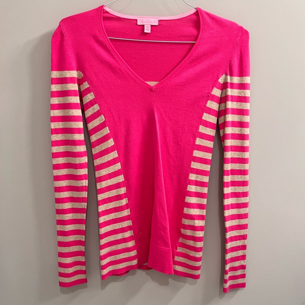 Lilly Pulitzer Hot Pink and tan Stripe V-Neck Longsleeve Sweater CS